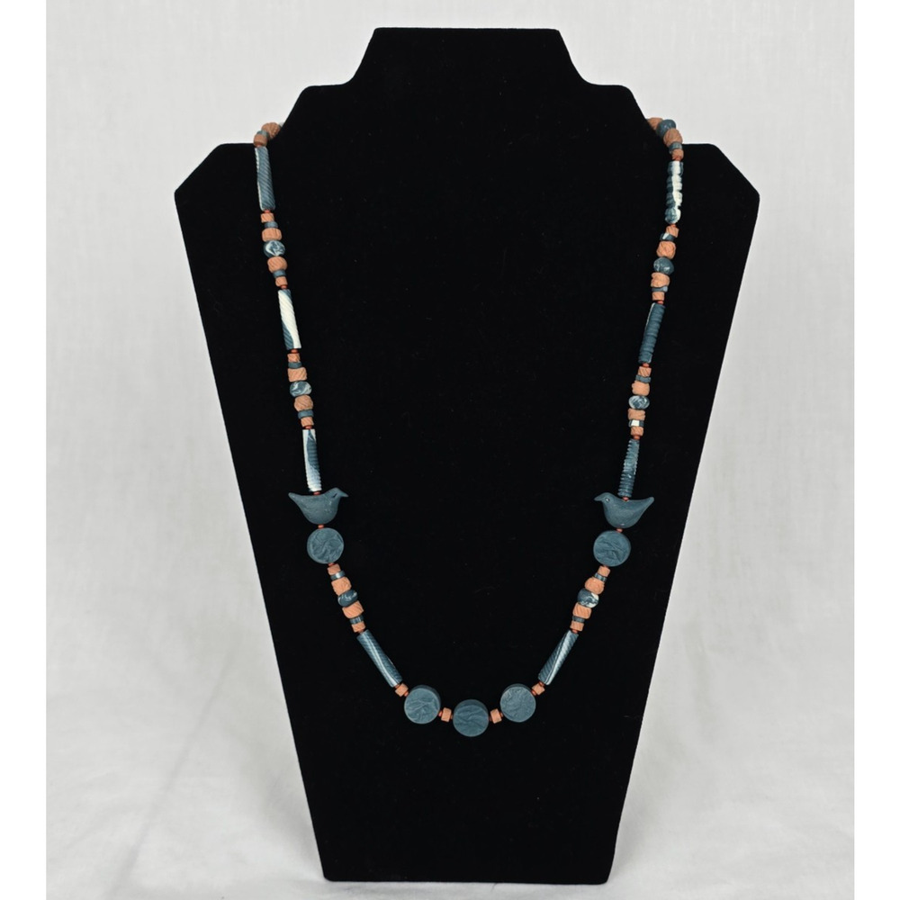 Beaded Stone Bird 24" Necklace Mat Blue, Earth Brown & White